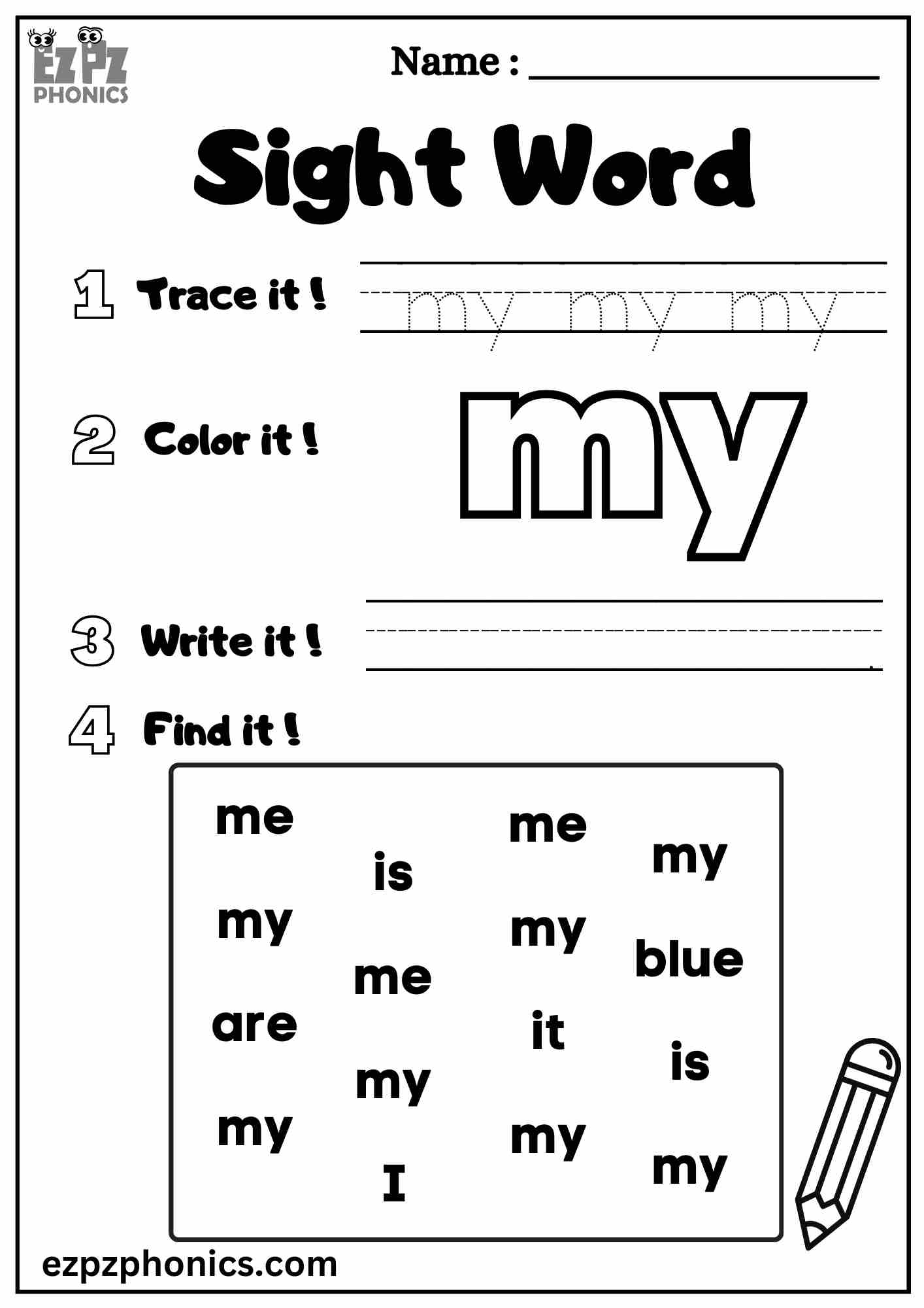 The "My" Sight Word Worksheet for Pre-Kindergarten Dolch Sight Words
